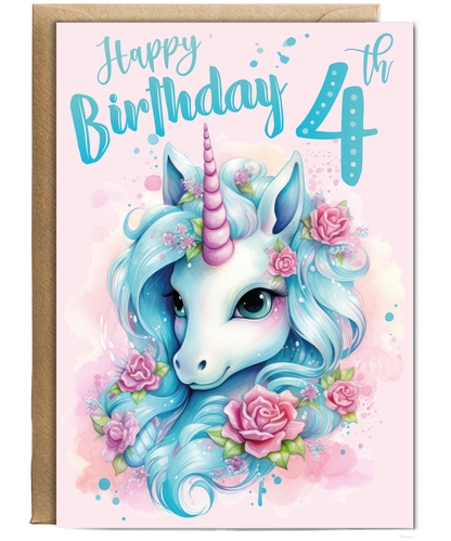 Childrens Magical 4th Birthday Card with Enchanted Unicorn for Granddaughter
