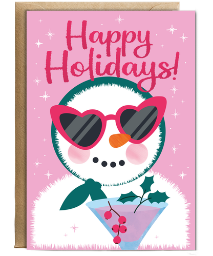 Christmas Card Happy Holidays with Classy Snow Woman and a Cocktail