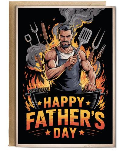 Funny Fathers Day Card Big Muscly Super Chad Dad at the BBQ