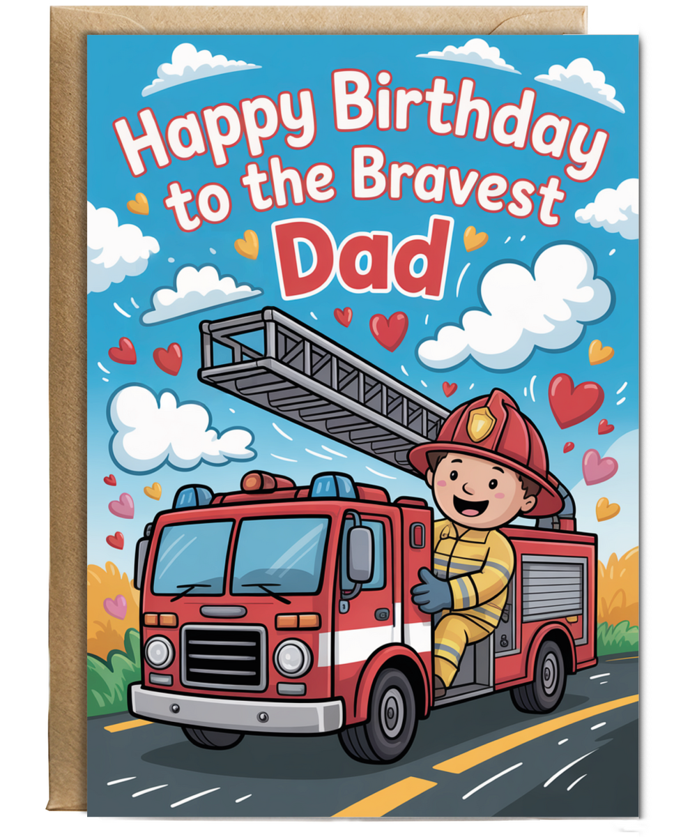Happy Birthday Card to the Bravest Fireman Dad Childrens Illustration