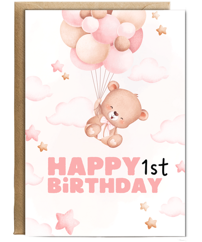 happy first birthday card pink balloons teddy bear