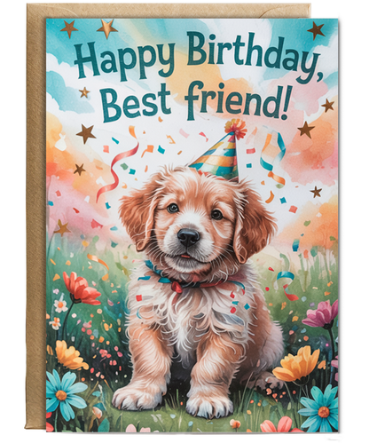 Happy Birthday card Best friend adorable Golden Retriever puppy