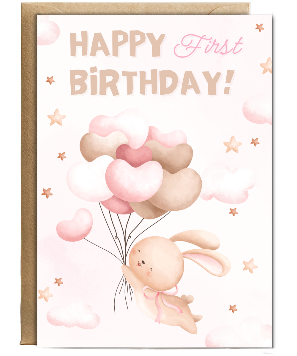 happy first birthday card pink balloons bunny