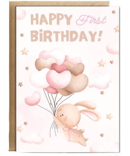 happy first birthday card pink balloons bunny