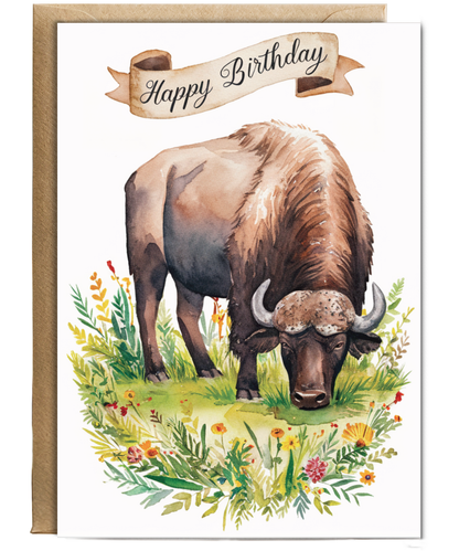 Happy Birthday cute buffalo watercolour