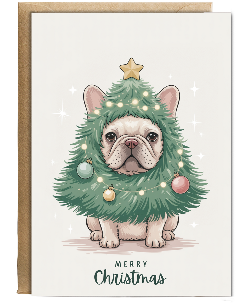 French bulldog in christmas tree costume