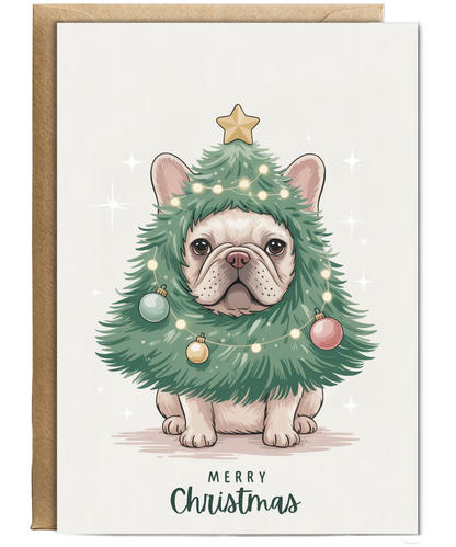 French bulldog in christmas tree costume