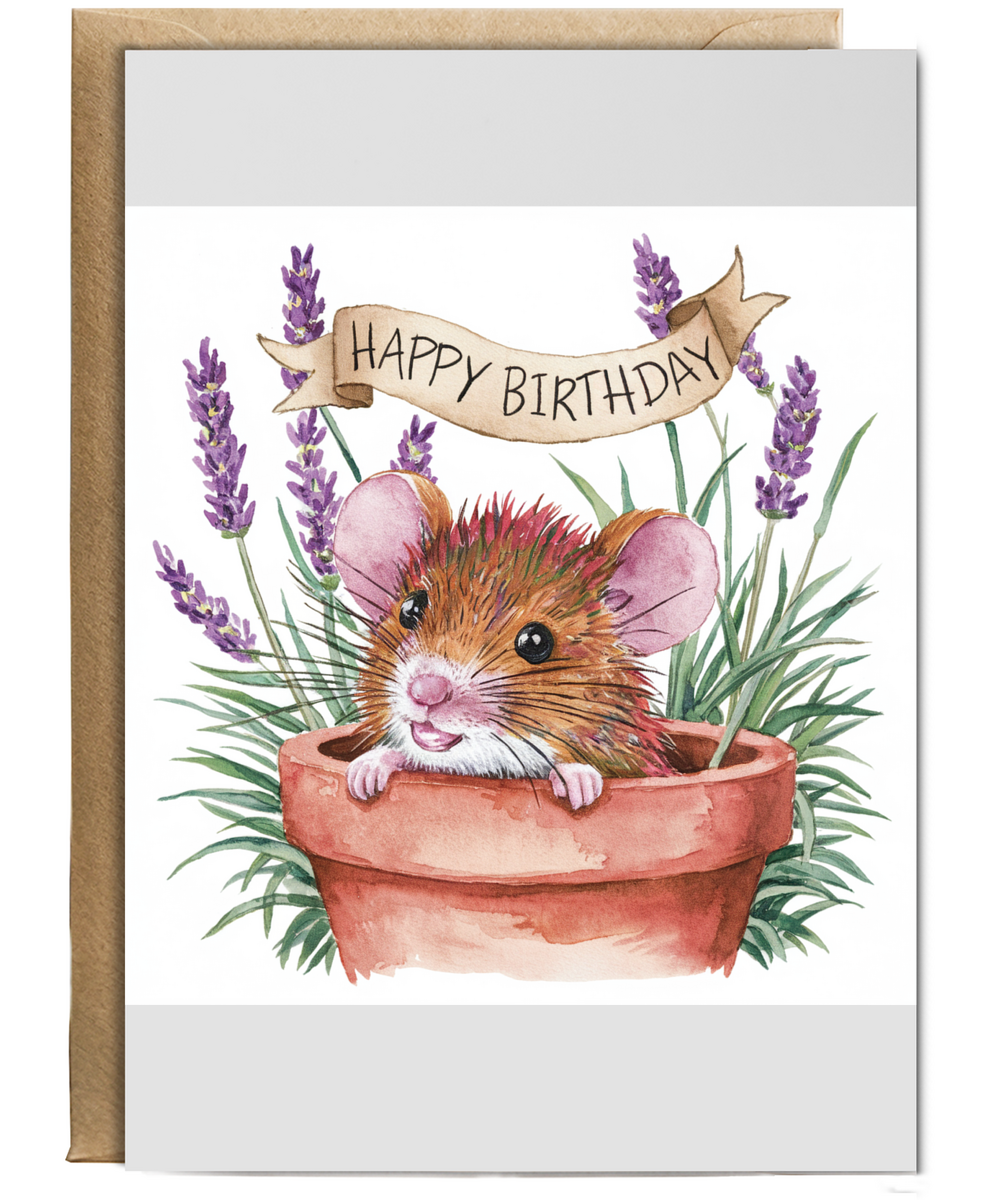 Happy Birthday cute mouse plant pot lavender watercolour