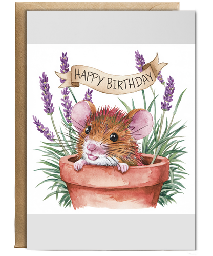 Happy Birthday cute mouse plant pot lavender watercolour