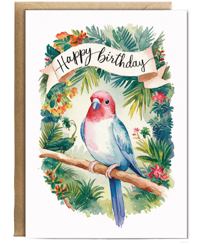 Happy Birthday cute lovebird watercolour
