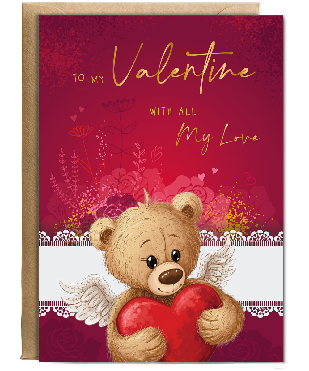 Cute Romantic Valentines Day Card To My Valentine With All My Love Cupid Teddy Bear
