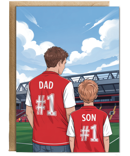 football red and white number one dad and son