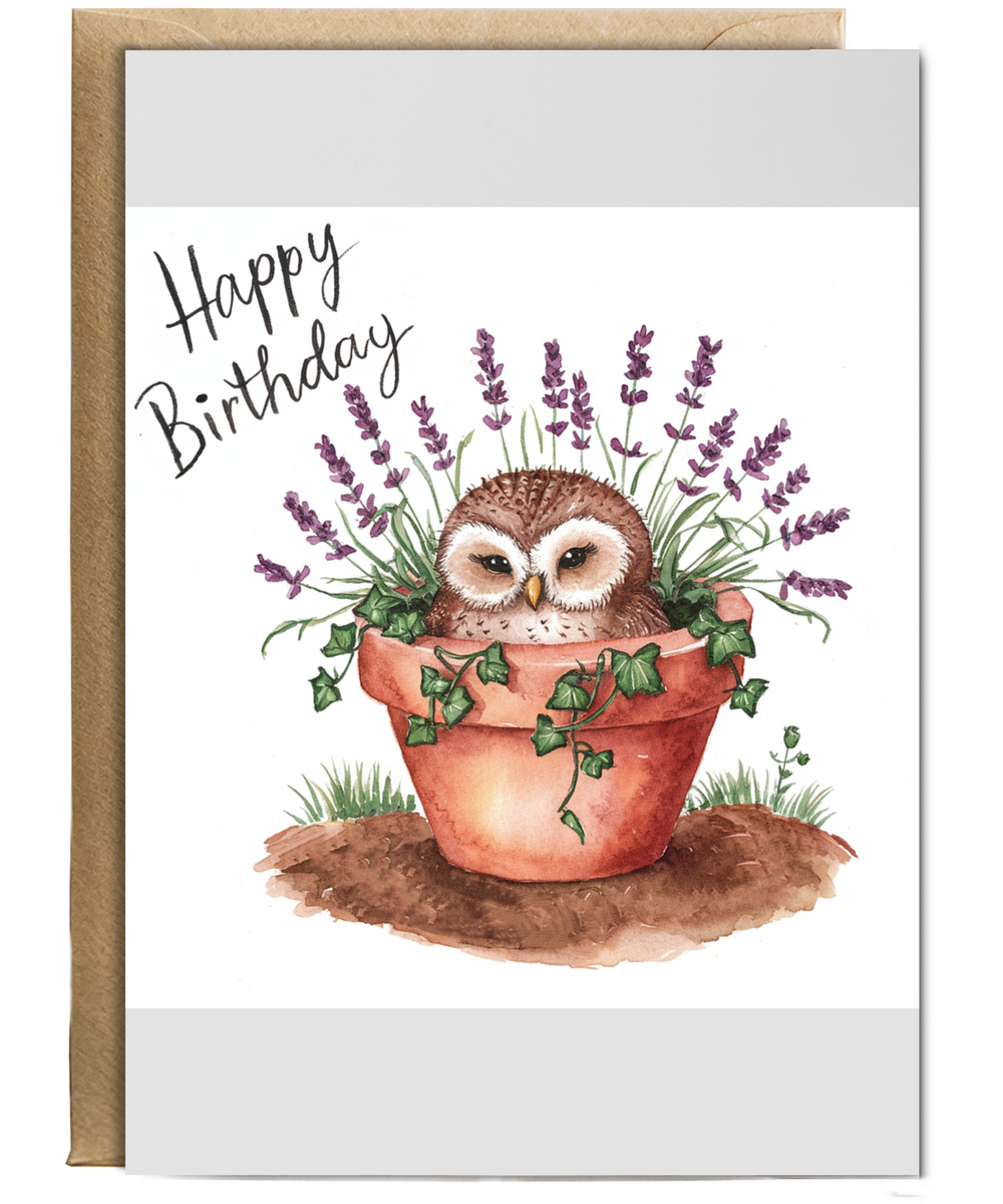 Happy Birthday cute owl plant pot lavender watercolour