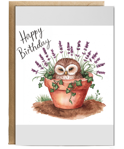 Happy Birthday cute owl plant pot lavender watercolour