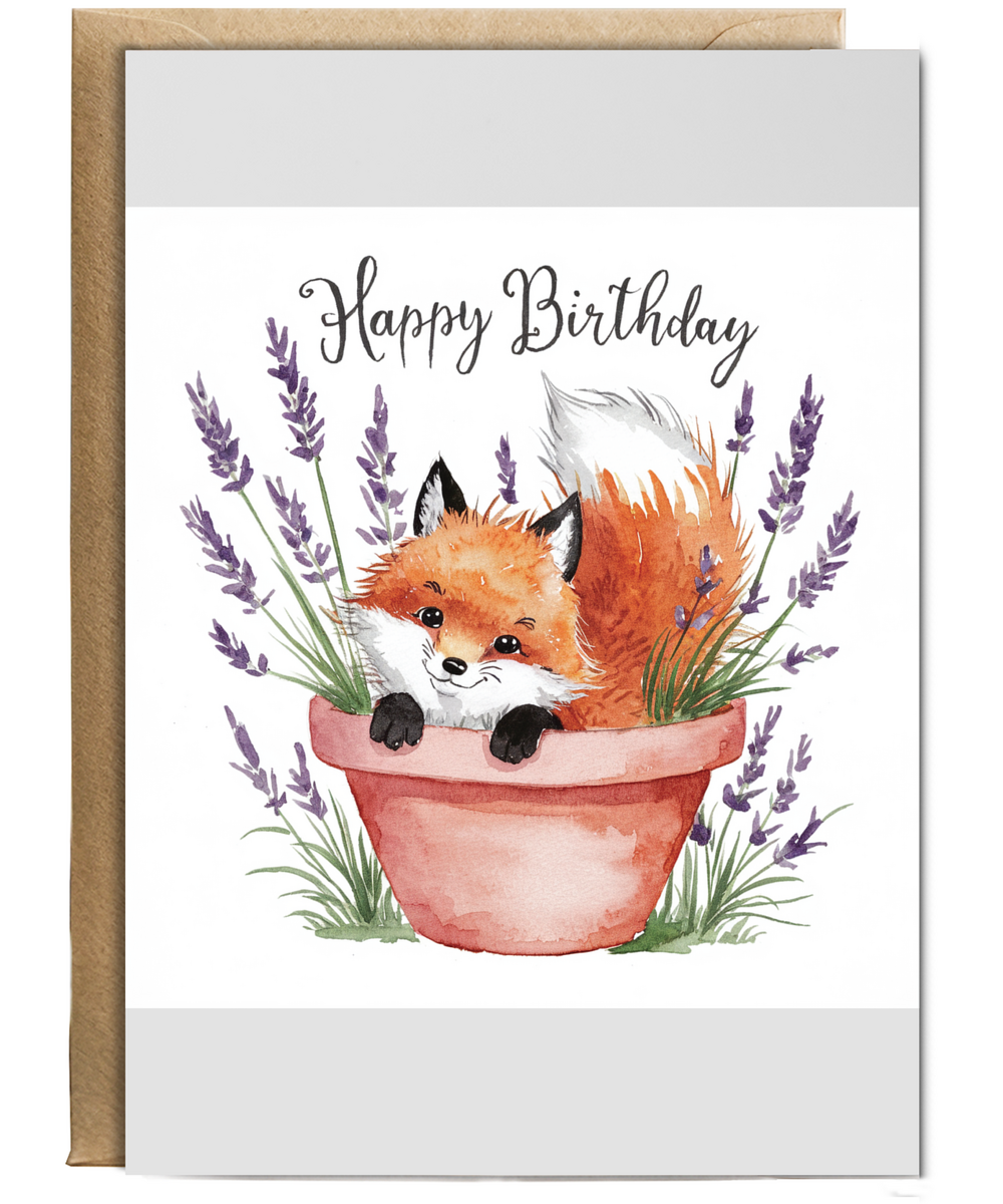 Happy Birthday cute fox plant pot lavender watercolour