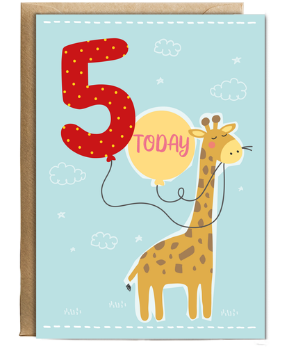Childrens Birthday Card Five Today Balloon with Cute Giraffe