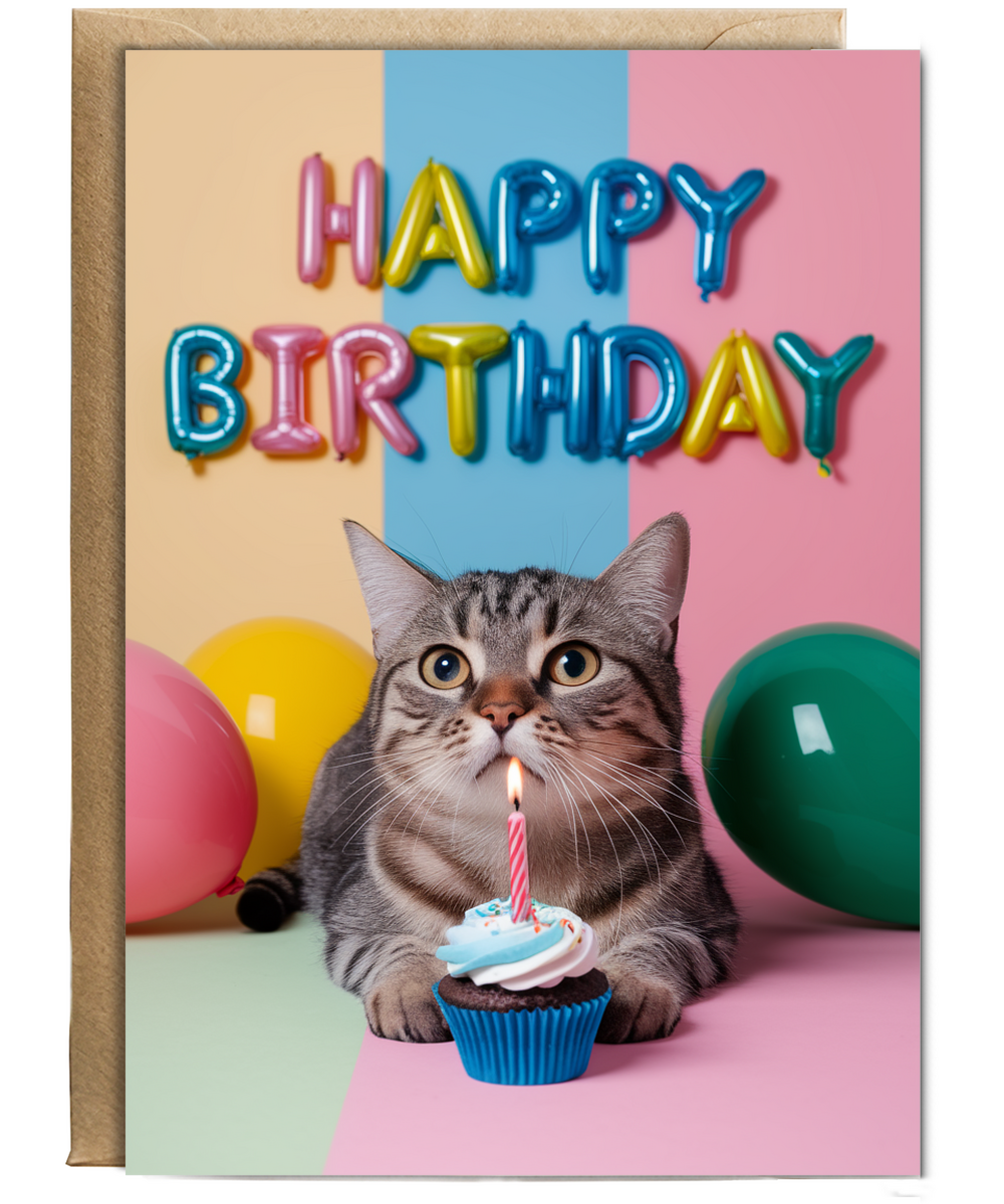 Happy Birthday with Cat with a Cupcake