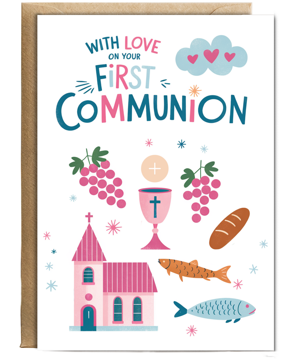 Childrens First Holy Communion Card with Illustrations