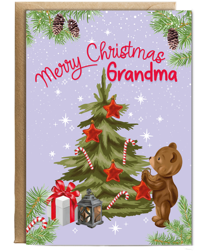 Merry Christmas Card for Grandma from Baby Bear Christmas Tree Decorating