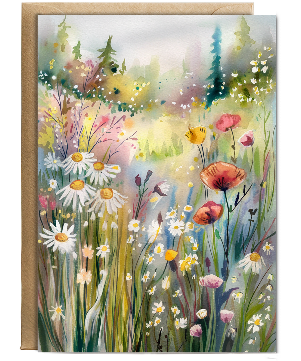 Watercolour meadow filled with wildflowers