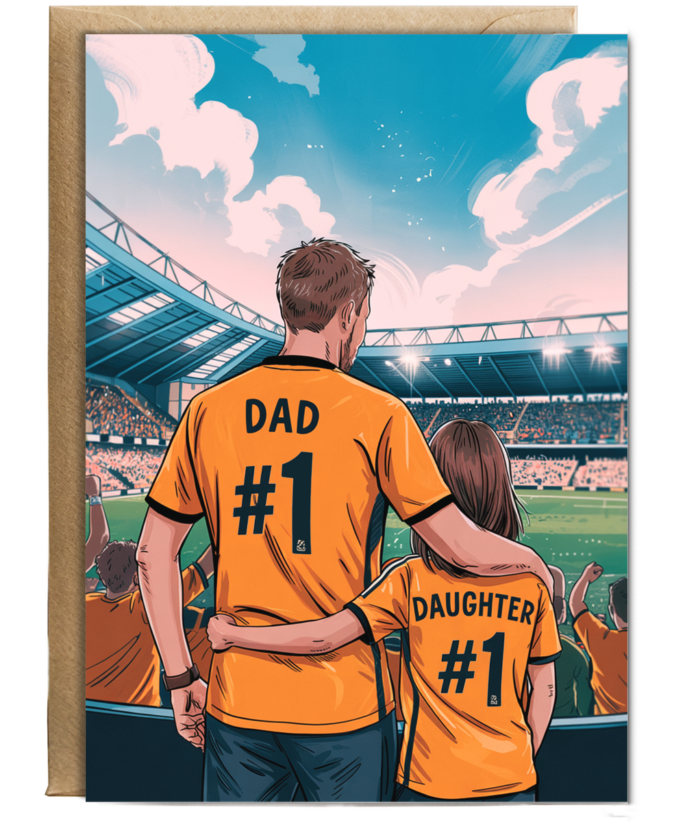 football gold with black number one dad and daughter