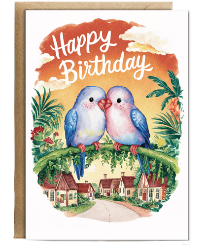 Happy Birthday cute two lovebirds watercolour