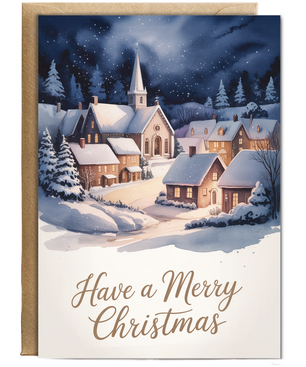 Have a merry Christmas snow village church watercolour