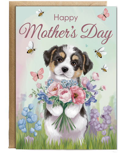 Happy Mother's Day - Puppy with Flowers