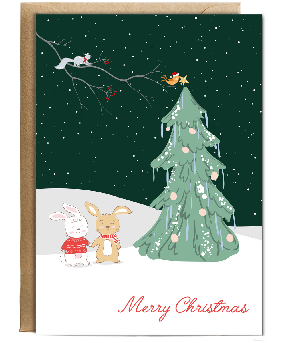 Merry Christmas Card Woodland Animals Decorating Snowy Tree