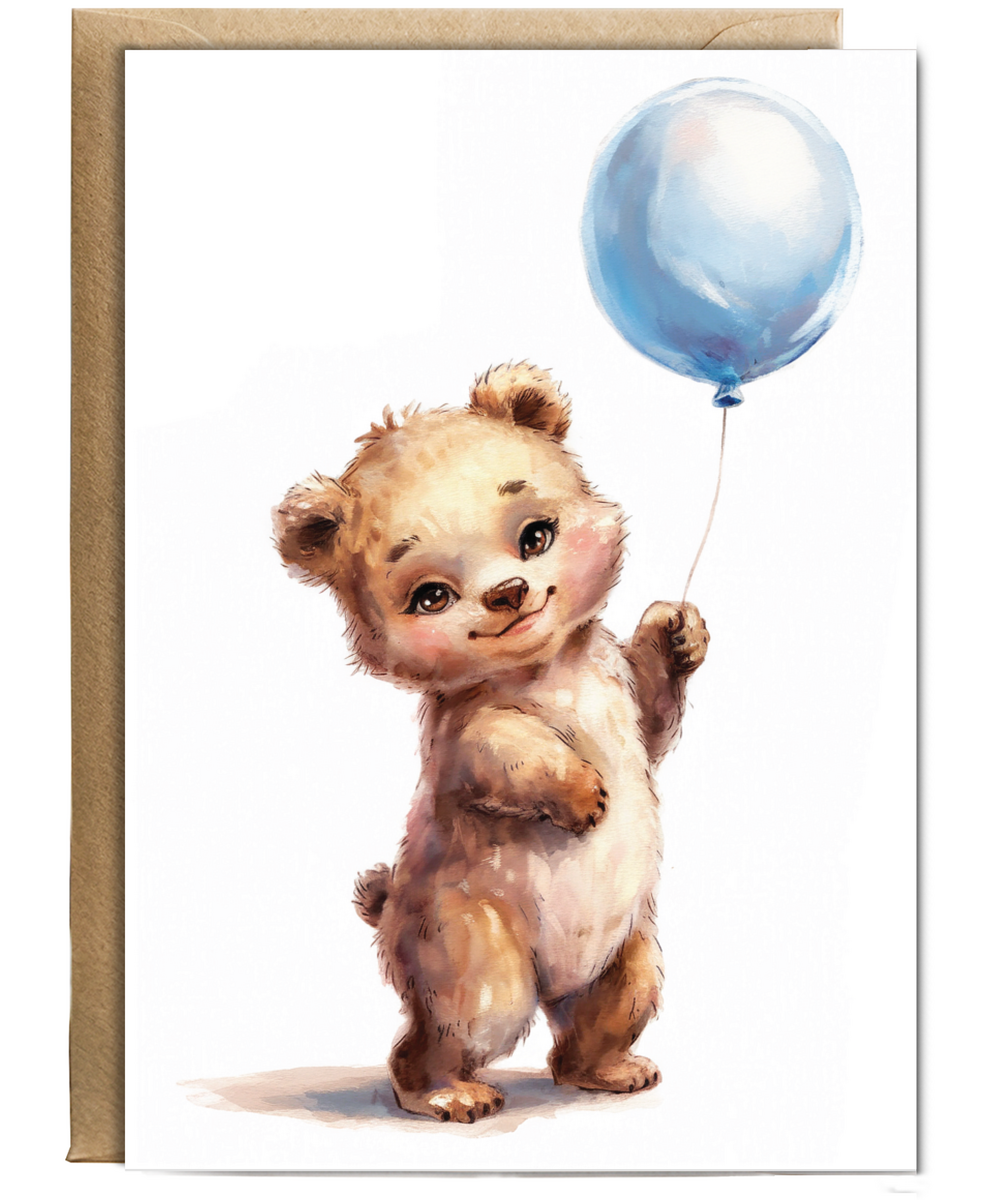 Bear cub with blue balloon