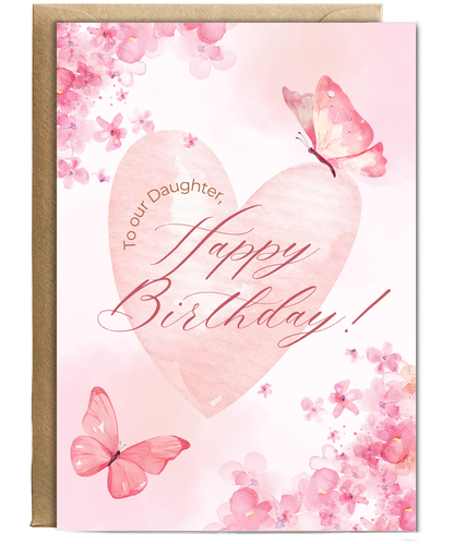 happy birthday card, to our daughter pink butterfly