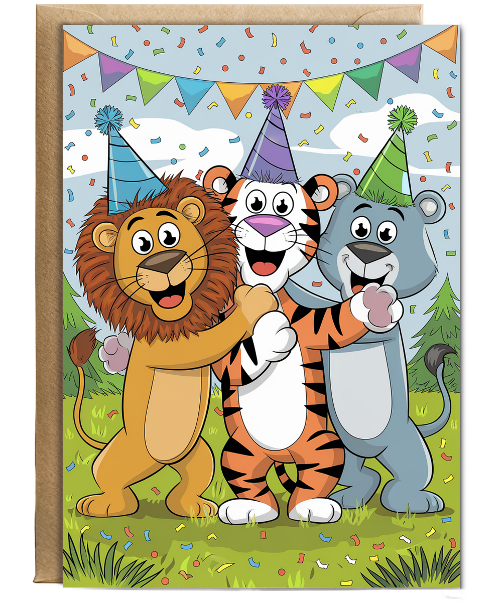 Playful Cartoon Animals with Party Hats