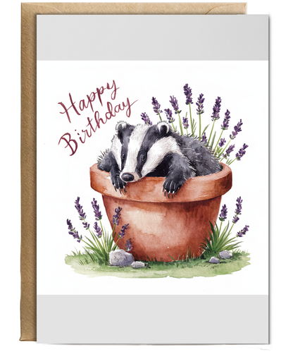Happy Birthday cute badger plant pot lavender watercolour