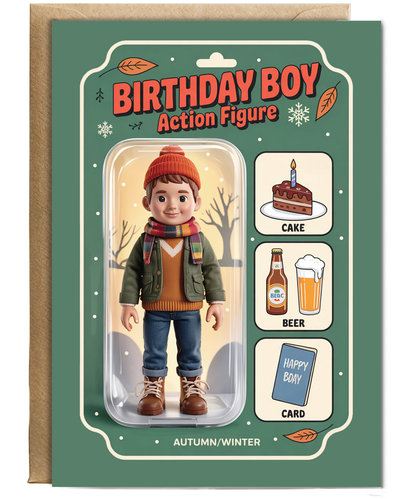 Happy Birthday card autumn and winter birthday boy action figure