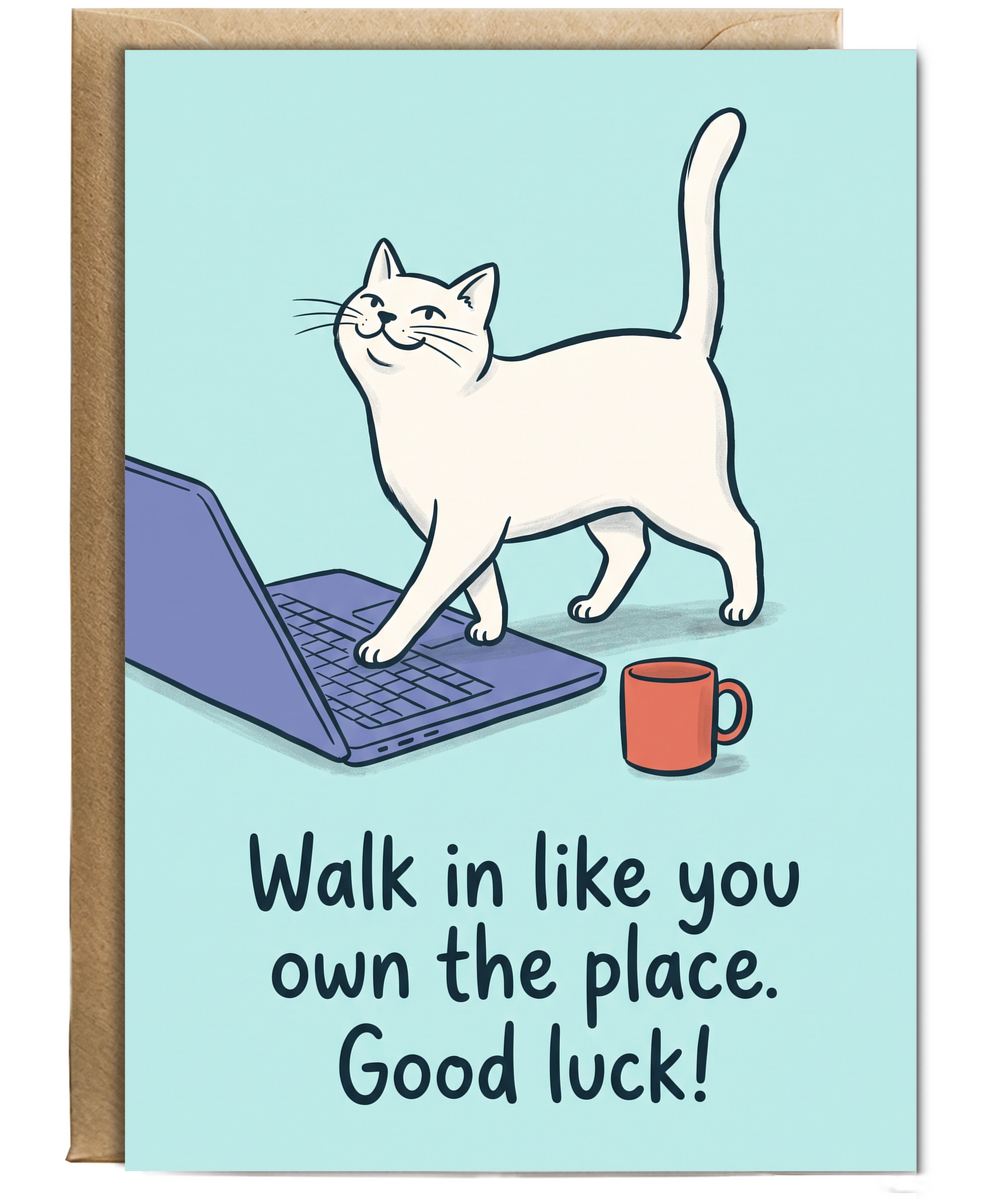 New Job Card for Colleague, Confident Desk Cat