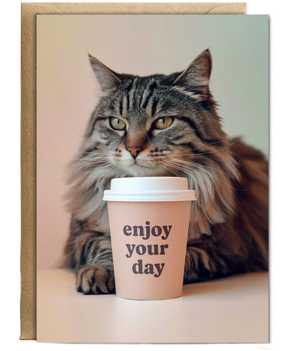 Enjoy Your Day with Cat with Coffee Cup