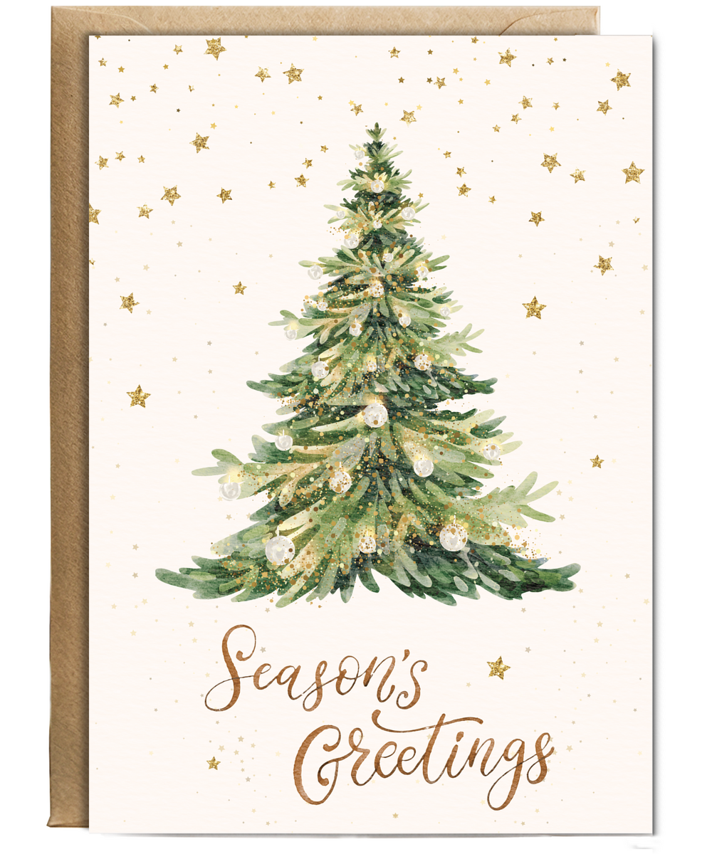 Season's greetings fake glitter effect watercolour Christmas tree