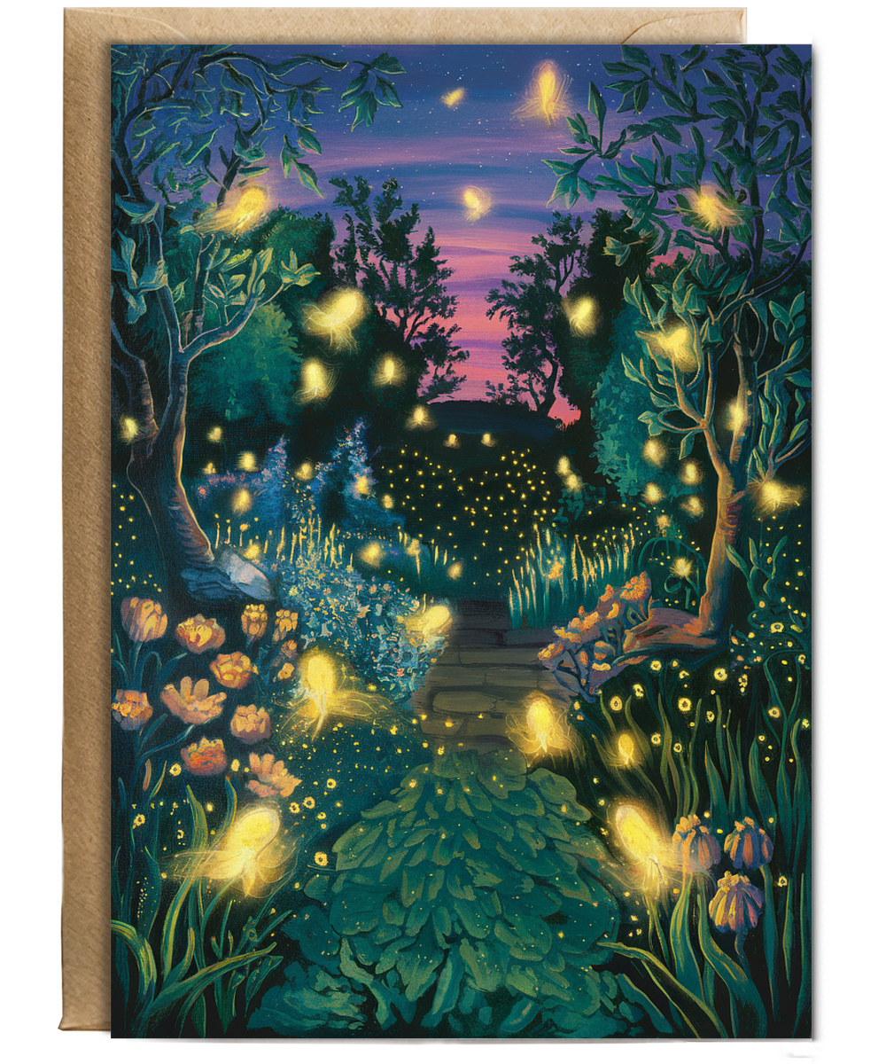 fireflies glowing in a twilight garden