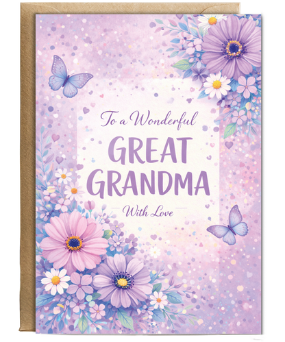 Grandma Birthday Card To a Wonderful Great Grandma With Love Violet Butterflies
