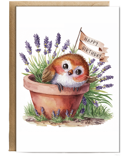 Happy Birthday cute robin plant pot lavender watercolour