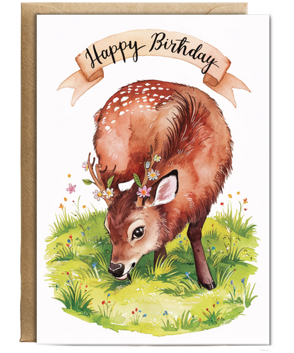 Happy Birthday cute musk deer watercolour