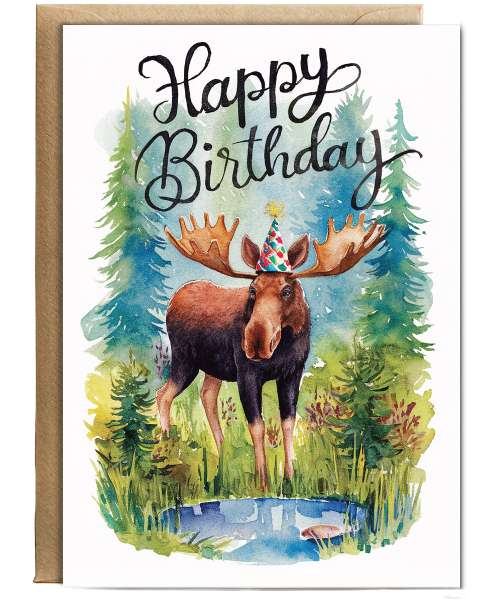 Happy Birthday cute moose watercolour