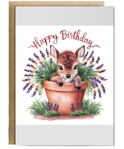 Happy Birthday cute baby deer, calf, fawn plant pot lavender watercolour