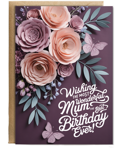 3D effect flowers and butterfly wishing the most wonderful mum the best birthday ever