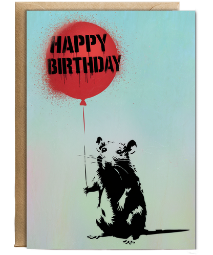 Happy Birthday Card Rat stencil red balloon