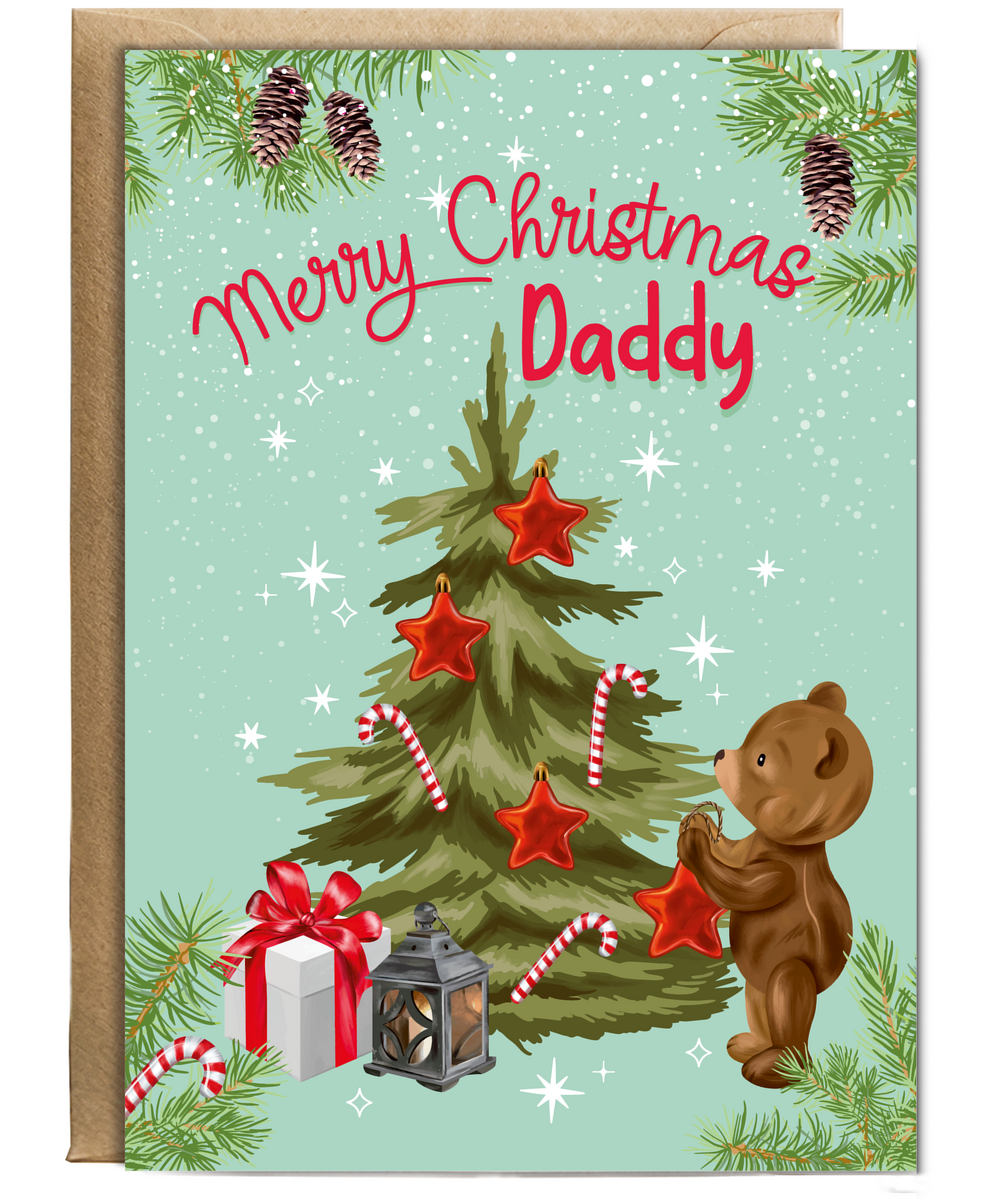 Merry Christmas Card for Daddy from Baby Bear Christmas Tree Decorating