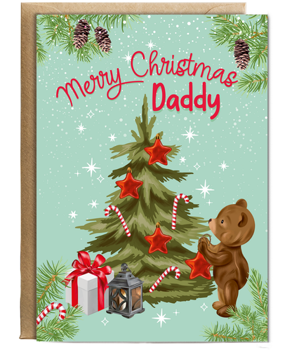 Merry Christmas Card for Daddy from Baby Bear Christmas Tree Decorating