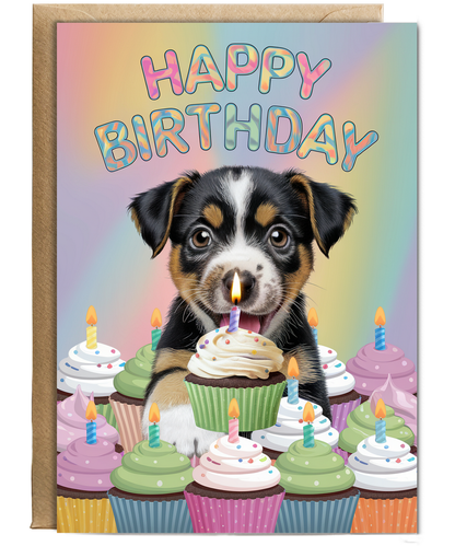 Happy Birthday - Puppy with a Cupcake