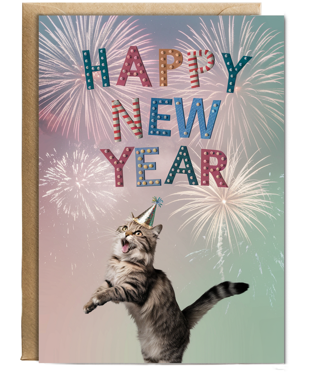 Happy New Year with Cat with Fireworks