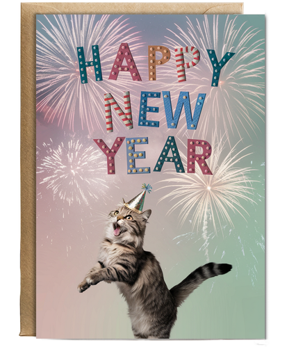Happy New Year with Cat with Fireworks